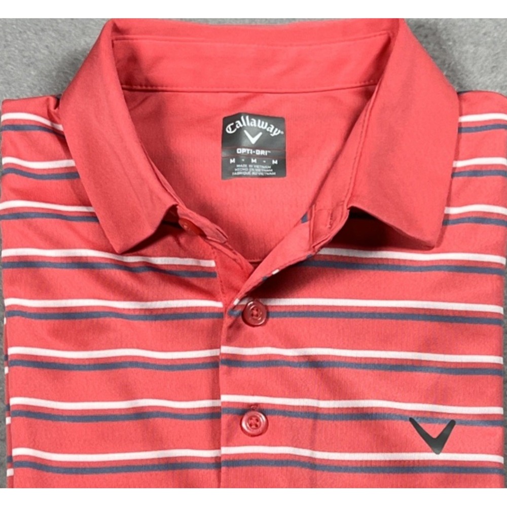 Callaway Polo Shirt Mens Medium Coral Striped Opti-Dry Short Sleeve Stretch Golf
